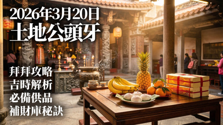 2026 年 3 月 20 日(農曆二月初二)土地公頭牙吉日: 一年一度補財庫的最佳時機!掌握午時(11:00-13:00)黃金吉時前往祭拜,為 2026 丙午馬年的事業佈局搶得先機。